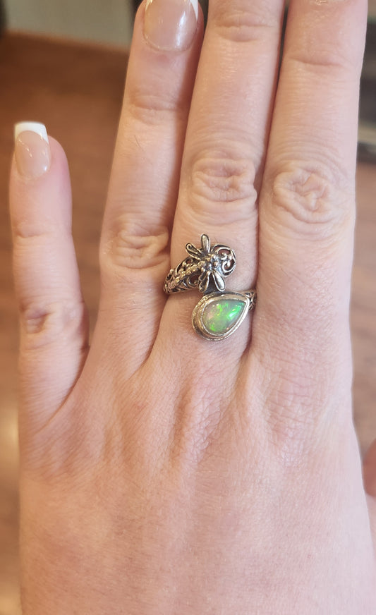 Sterling silver dragonfly Ethiopian opal ring