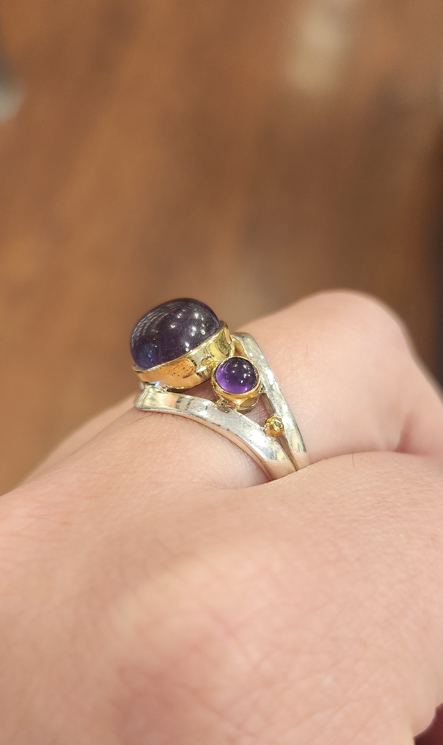 Sterling silver two-tone amethyst cabochon ring