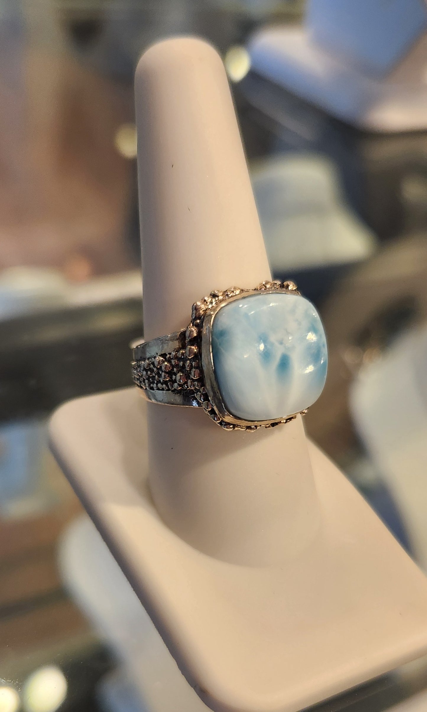 Sterling silver ring with square larimar cabochon