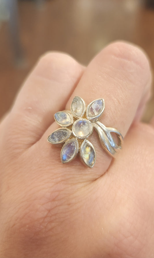 Sterling silver multi-stone rainbow moonstone flower ring