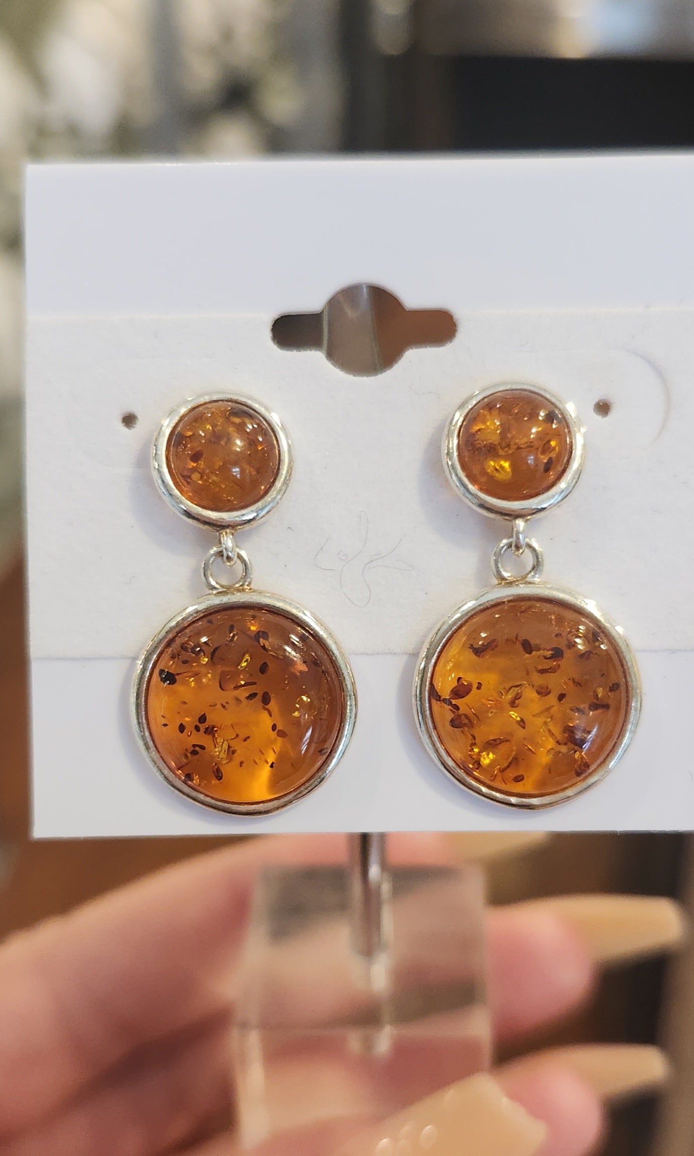 Sterling silver round Baltic amber dangle earrings