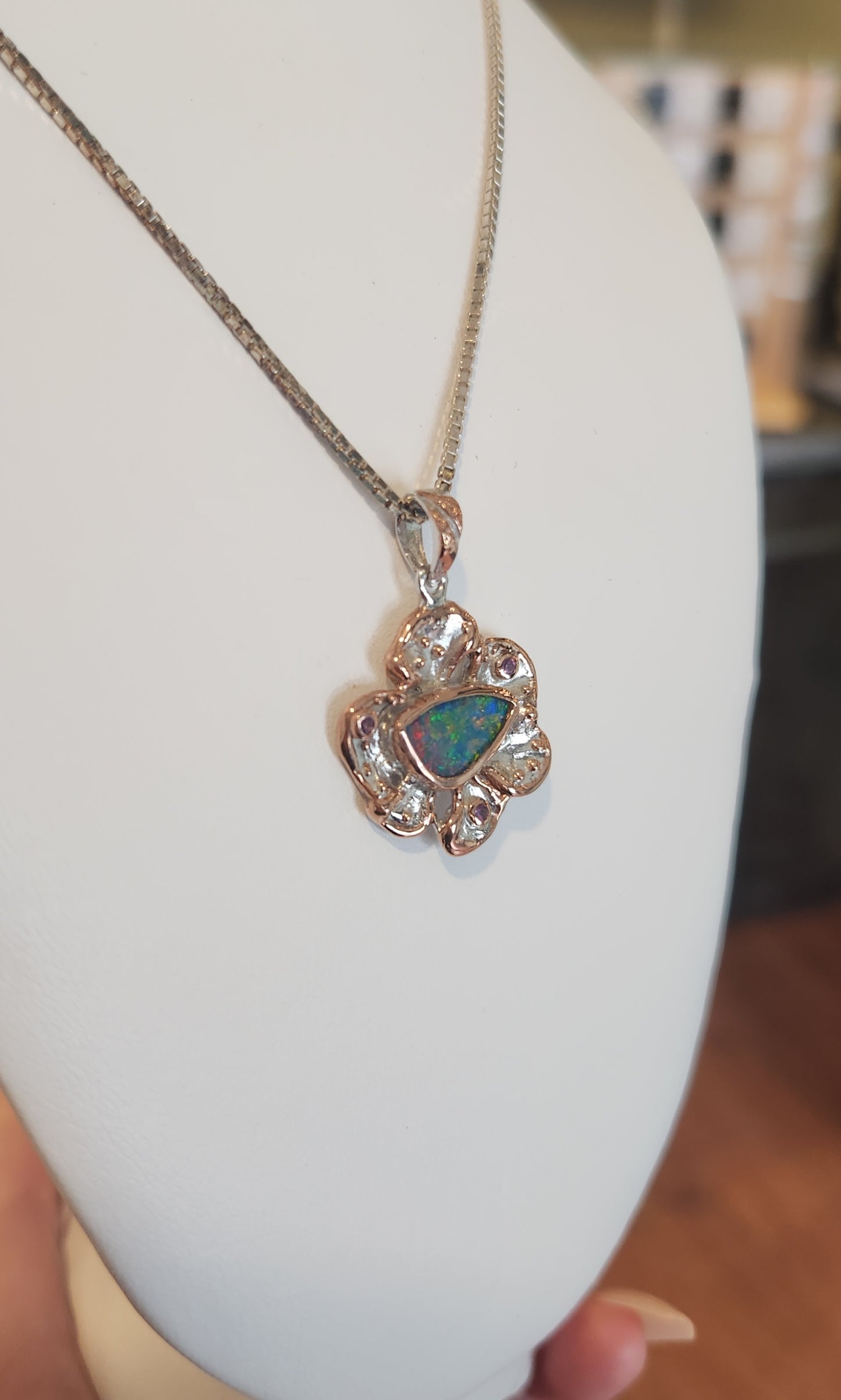 Sterling silver australian opal pendant with pink tourmaline