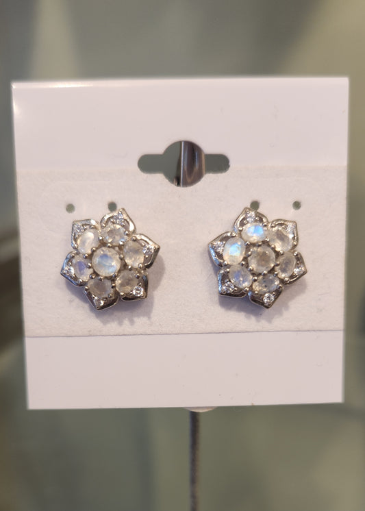 Sterling silver rainbow moonstone flower stud earrings