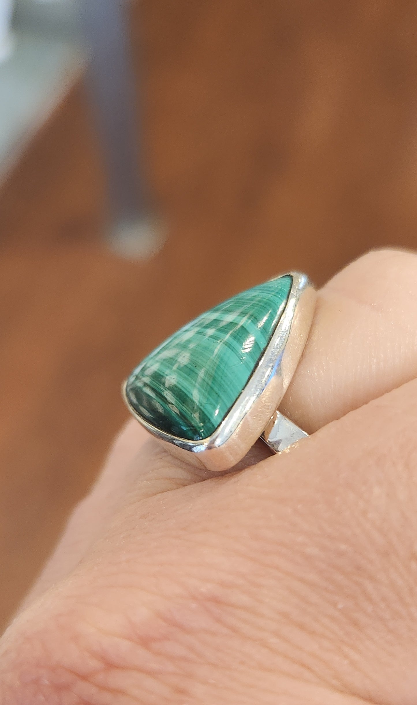 Sterling silver triangle-shaped malachite ring