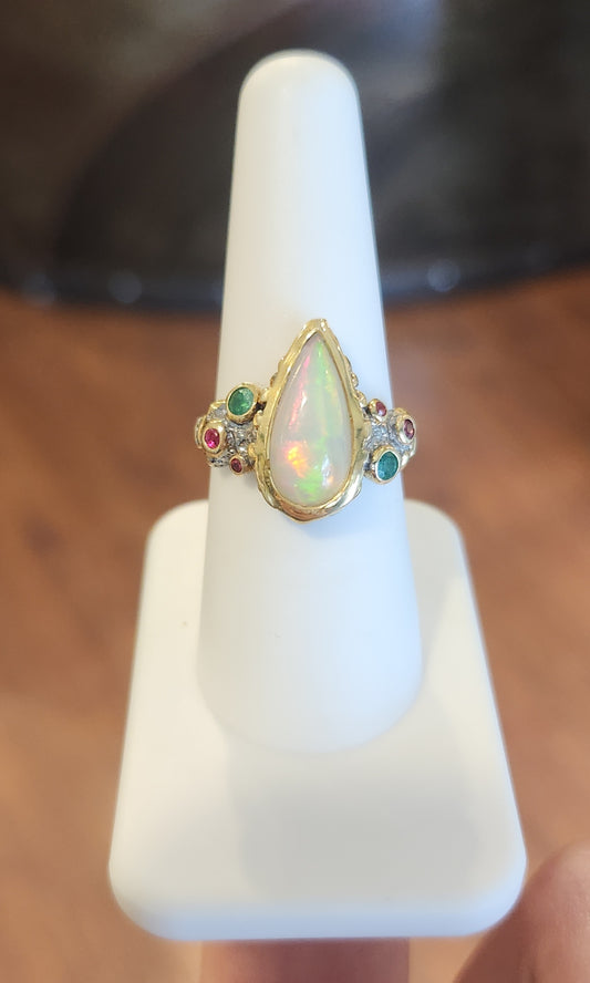 Sterling silver Ethiopian opal ring with emerald and ruby accents