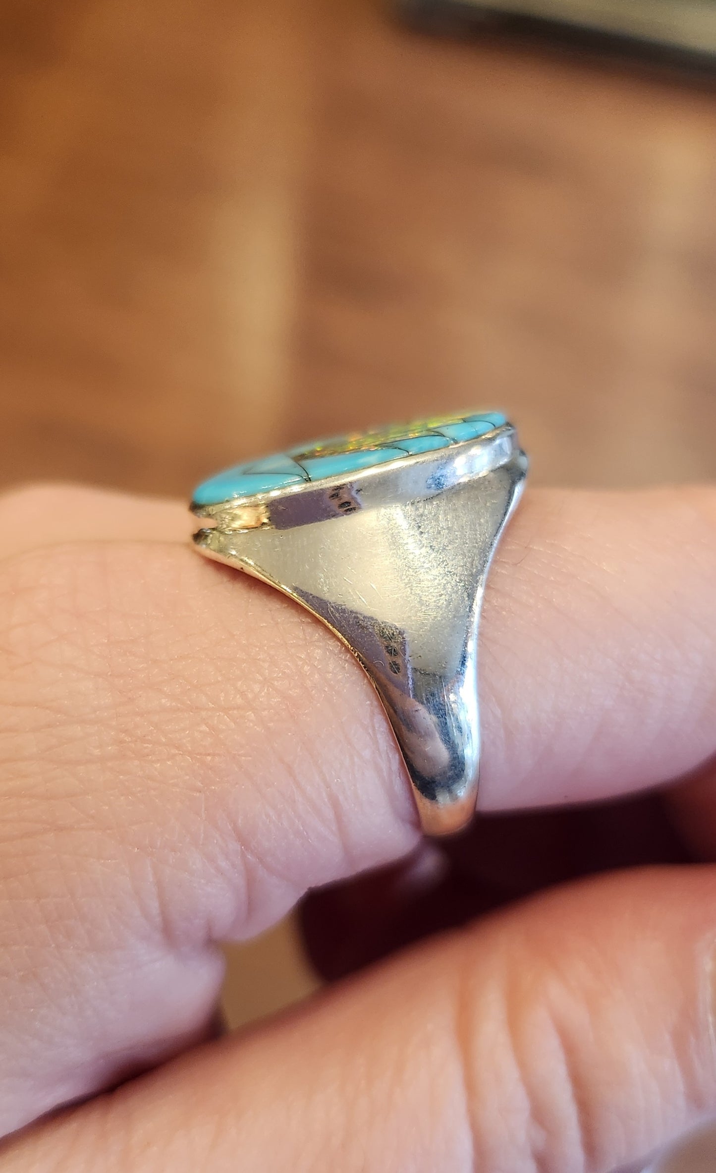 Sterling silver turquoise sunburst opal inlay ring