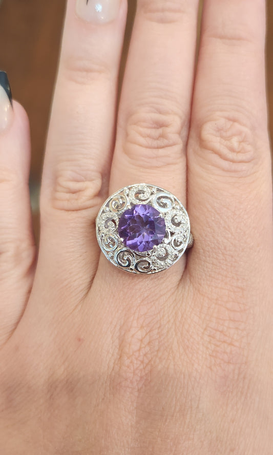 Sterling silver round amethyst filigree statement ring