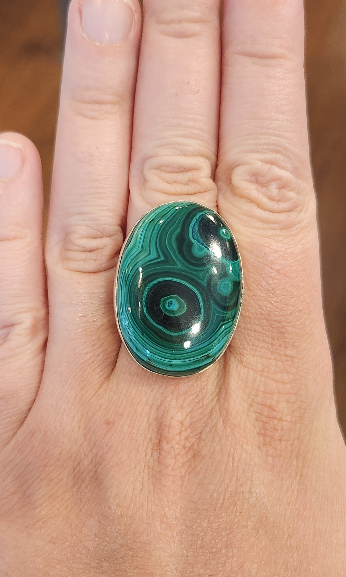 Sterling silver oval malachite statement ring