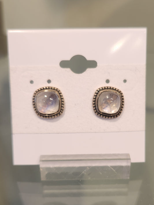 Sterling silver square rainbow moonstone stud earrings