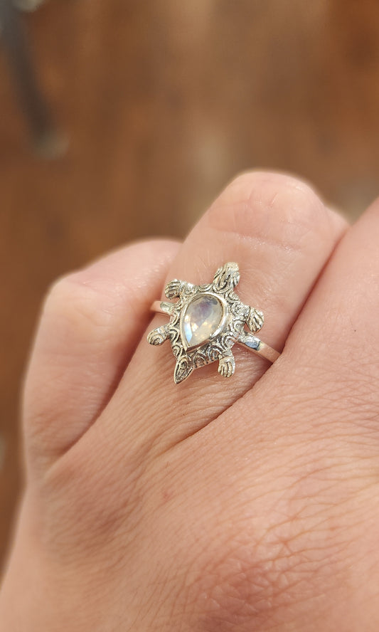 Sterling silver rainbow moonstone turtle ring