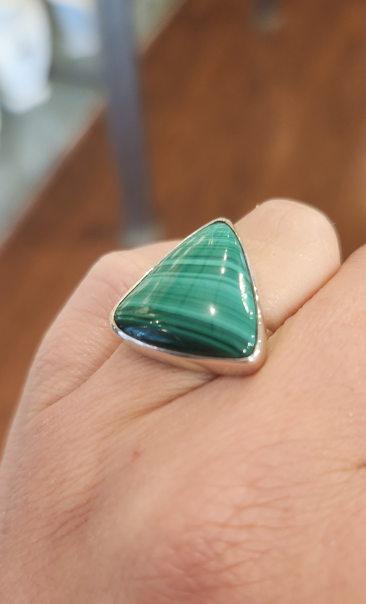 Sterling silver triangle-shaped malachite ring