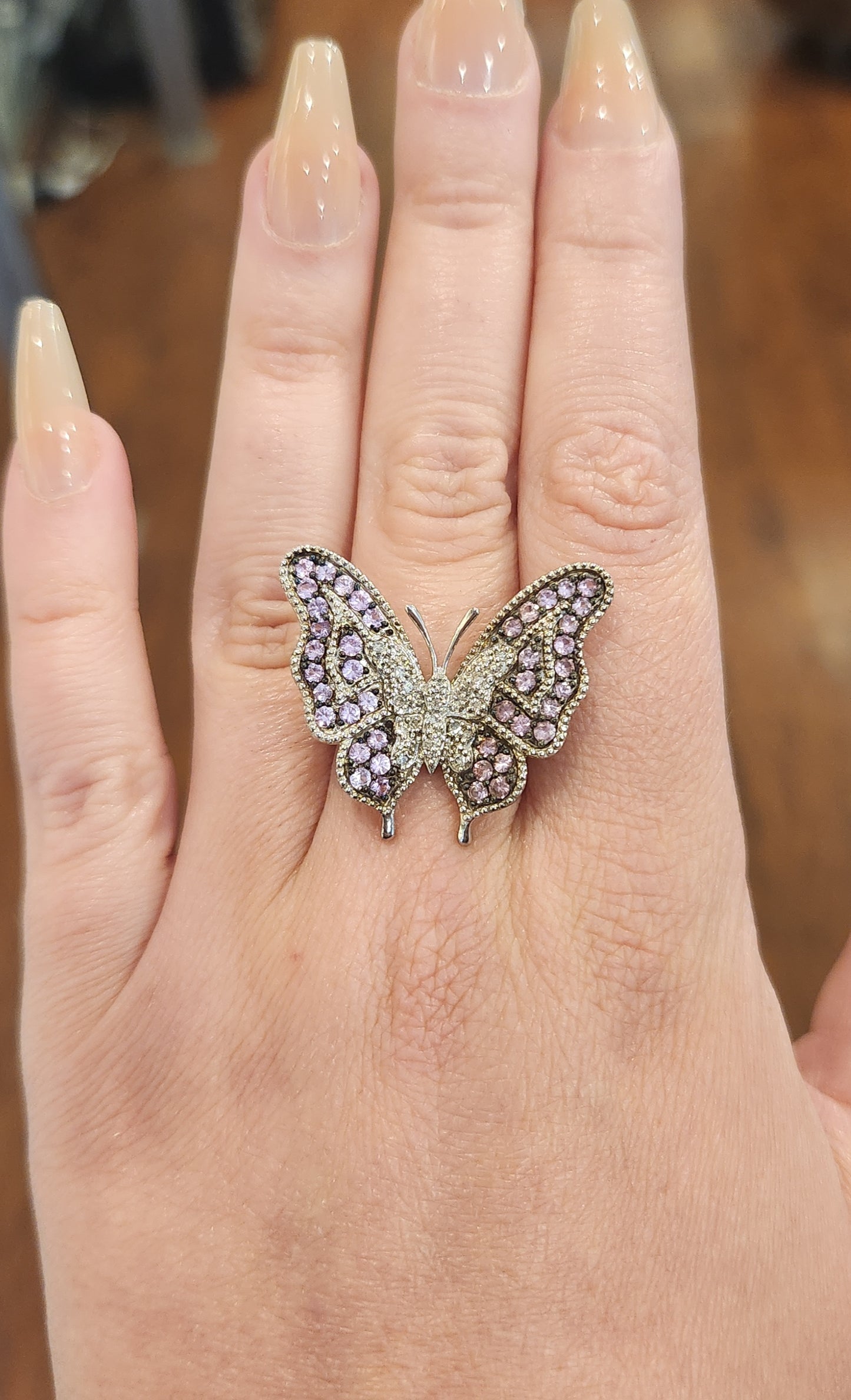 Sterling silver pink tourmaline butterfly ring