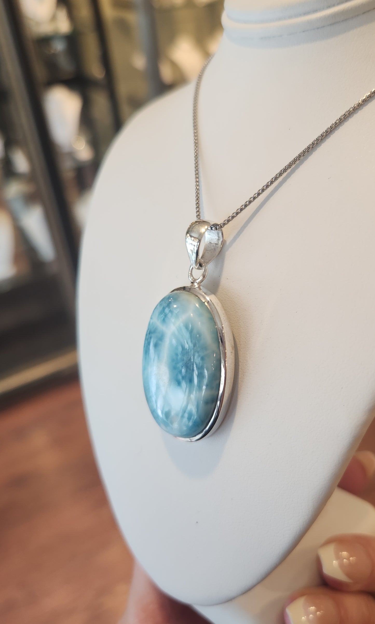 Sterling silver oval larimar cabochon pendant