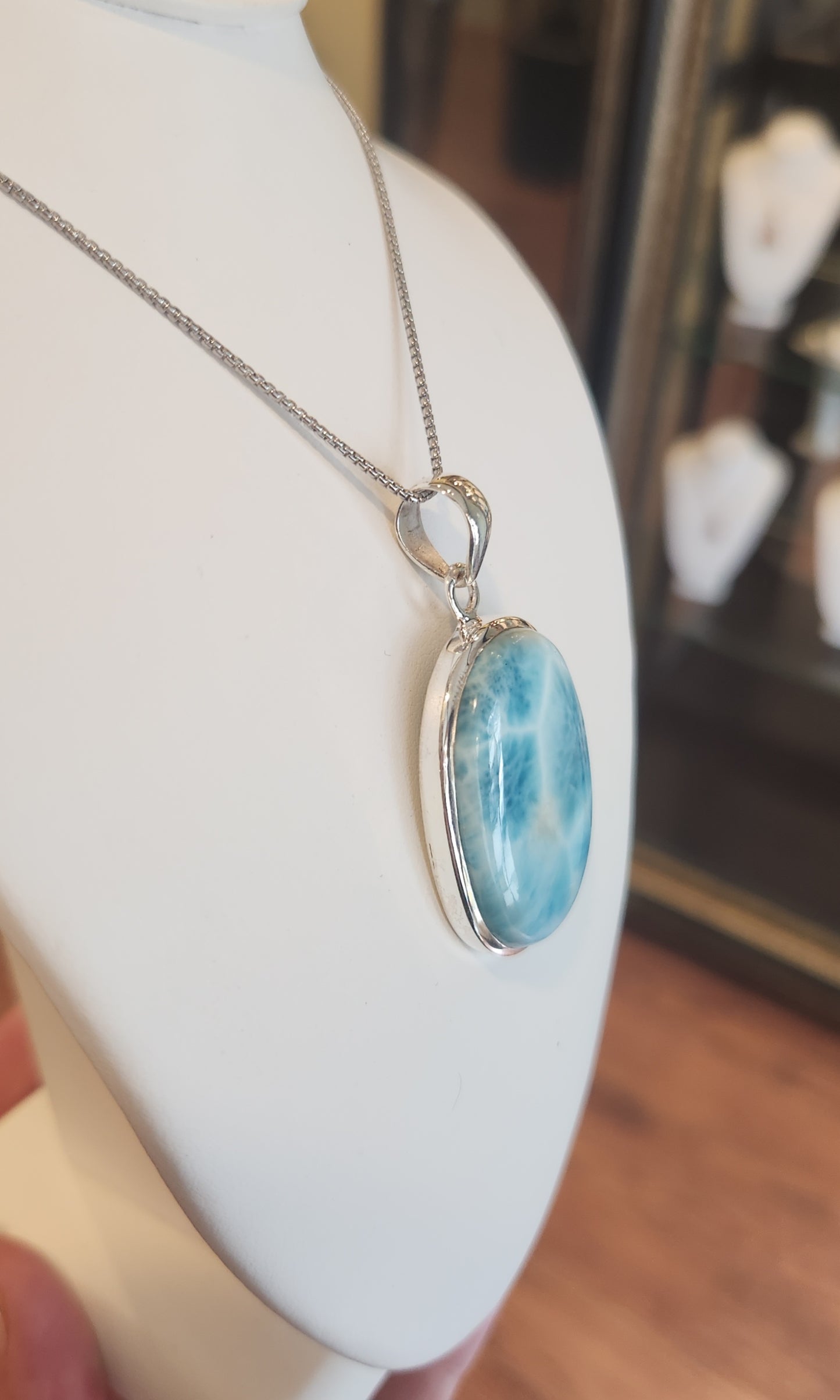 Sterling silver oval larimar cabochon pendant