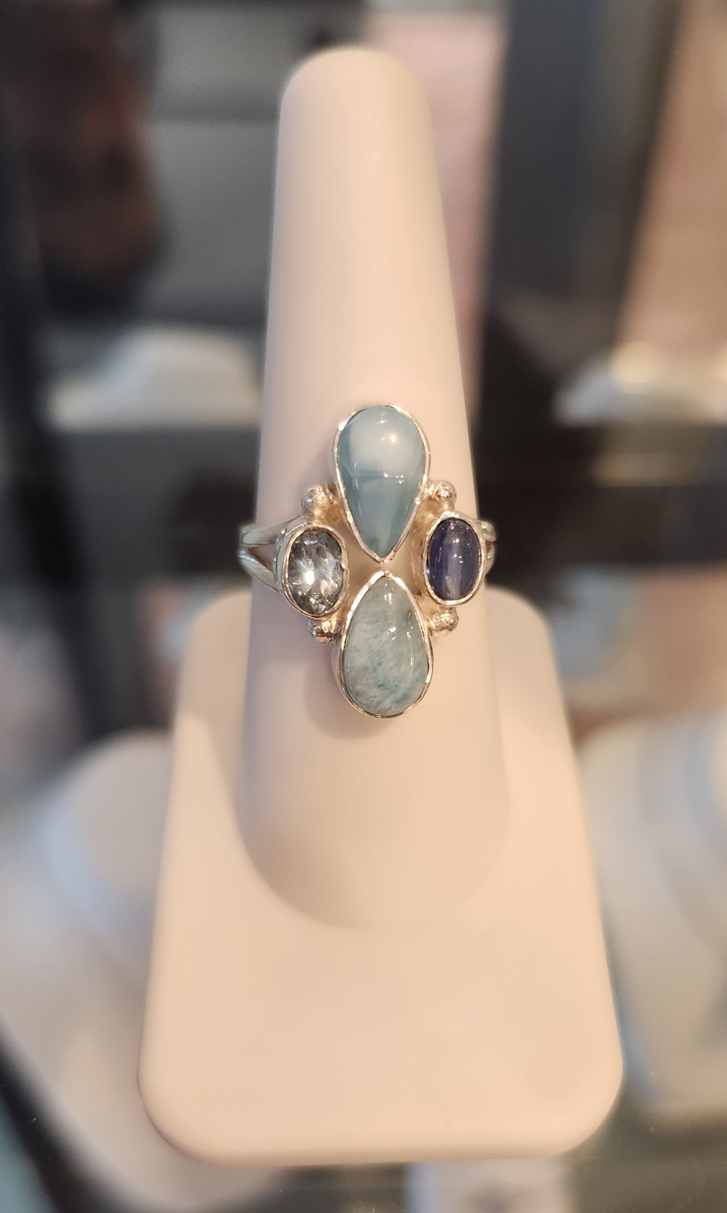 Sterling silver multi stone ring with larimar, blue topaz and blue kyanite