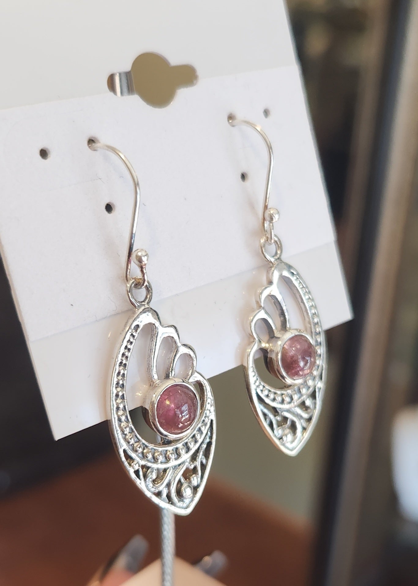 Sterling silver pink tourmaline cabochon dangle earrings