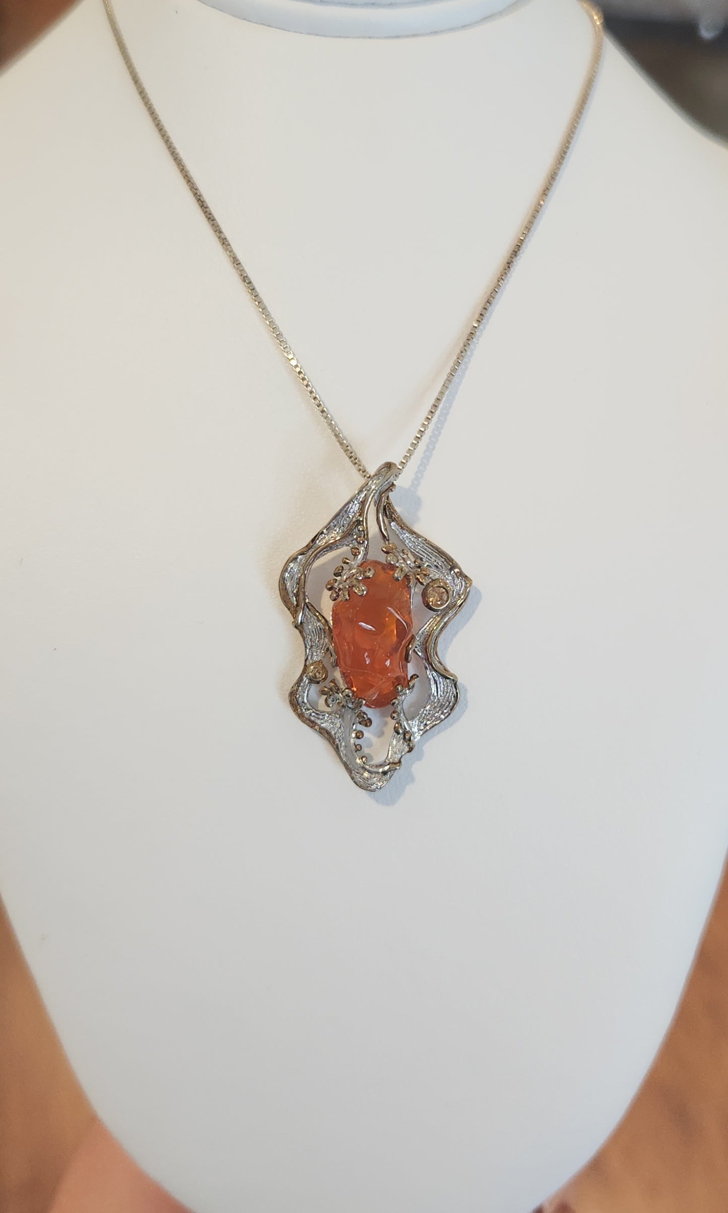 Sterling silver Mexican fire opal pendant with tourmaline