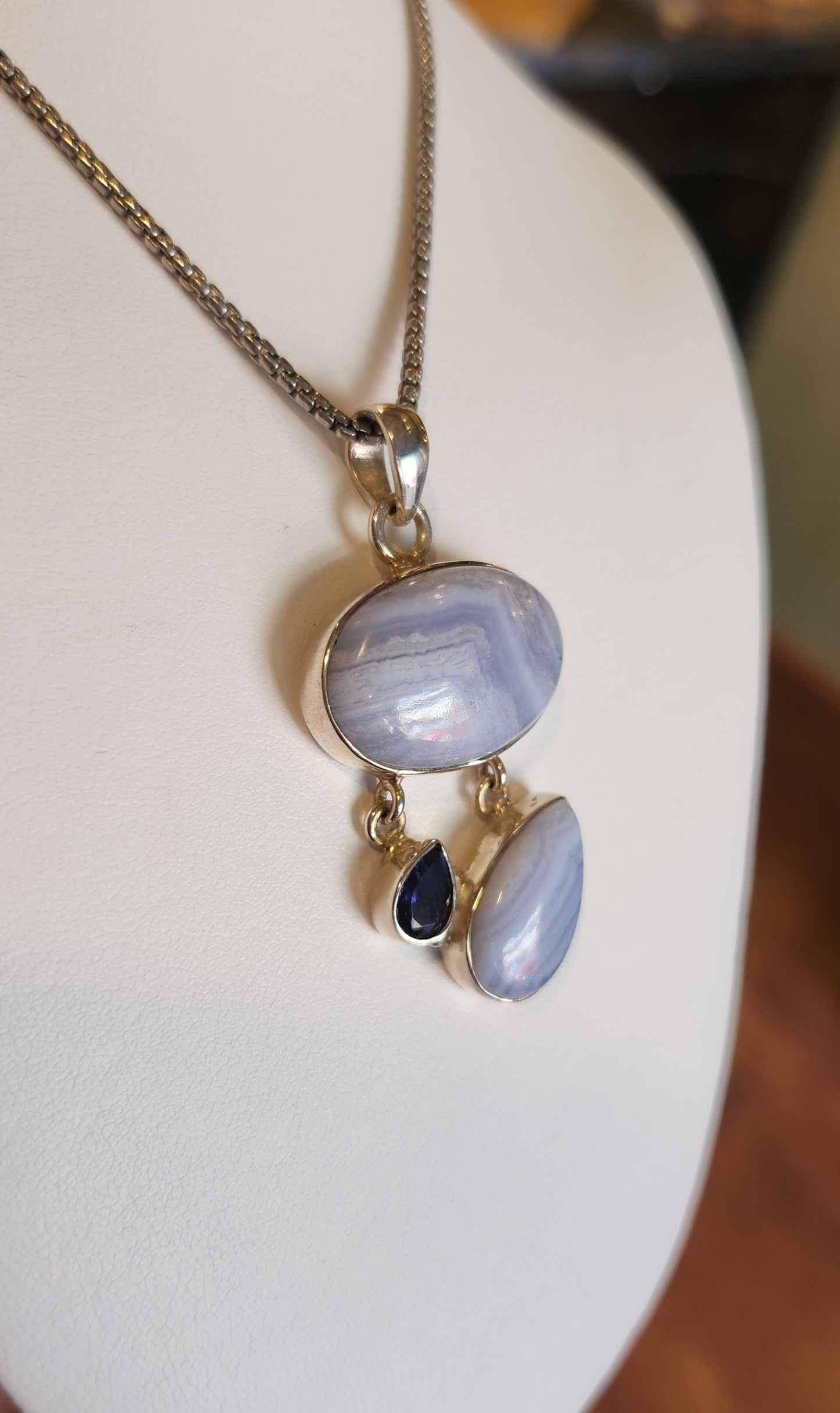 Sterling silver blue lace agate pendant with iolite