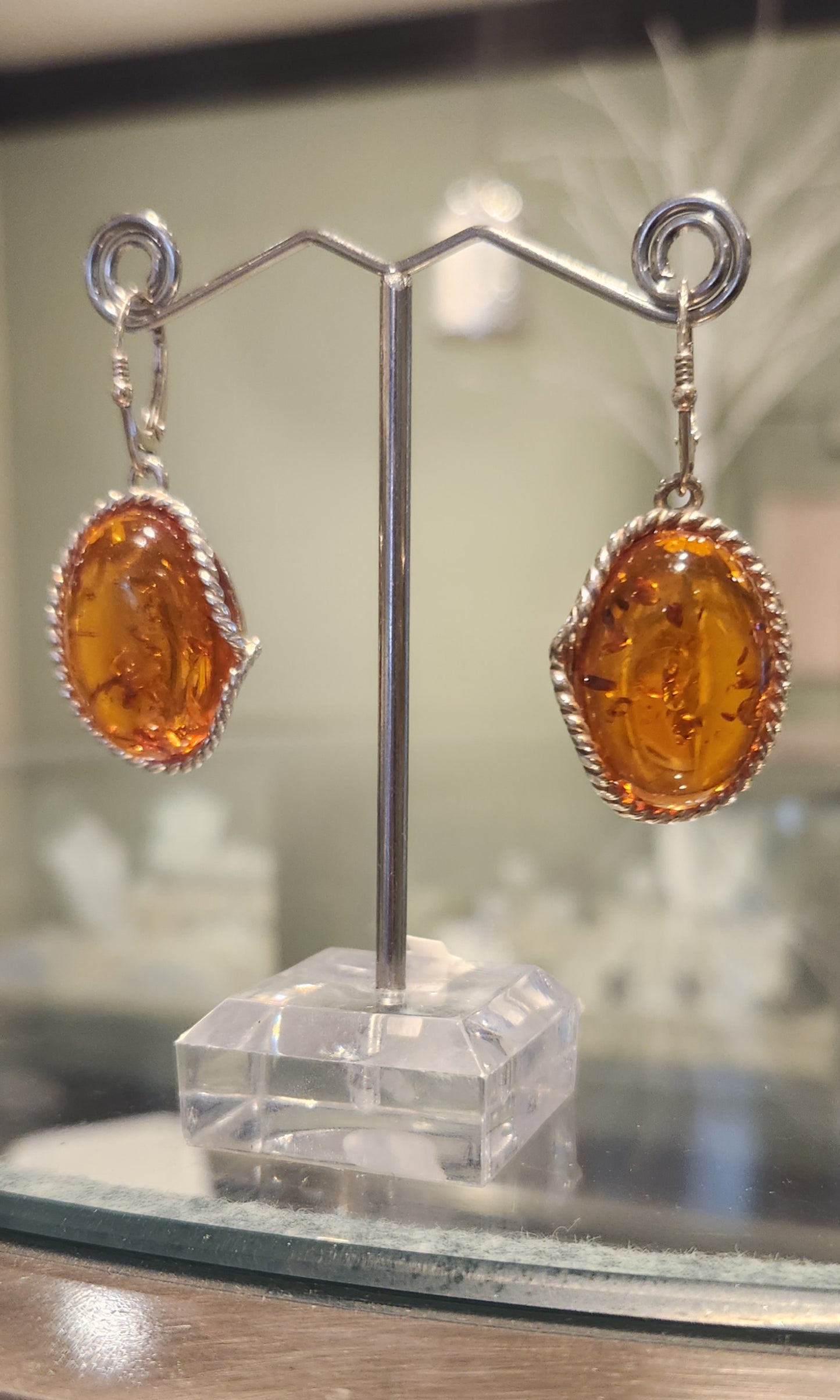 Sterling silver large Baltic amber dangle earrings