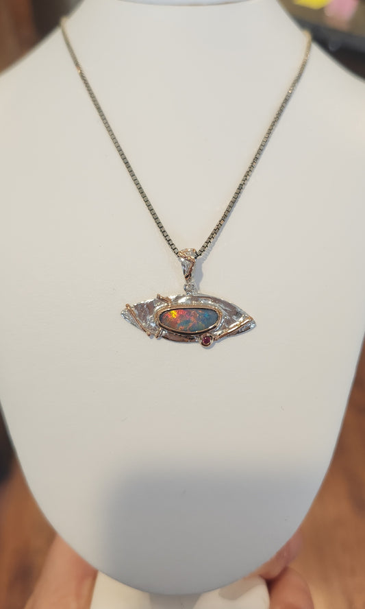 Sterling silver australian opal pendant with garnet