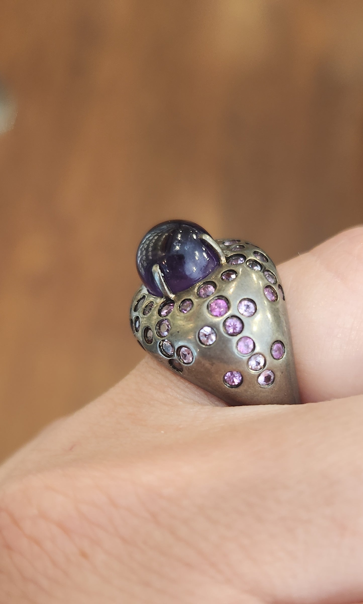 Sterling silver oxidized amethyst and tourmaline cocktail ring