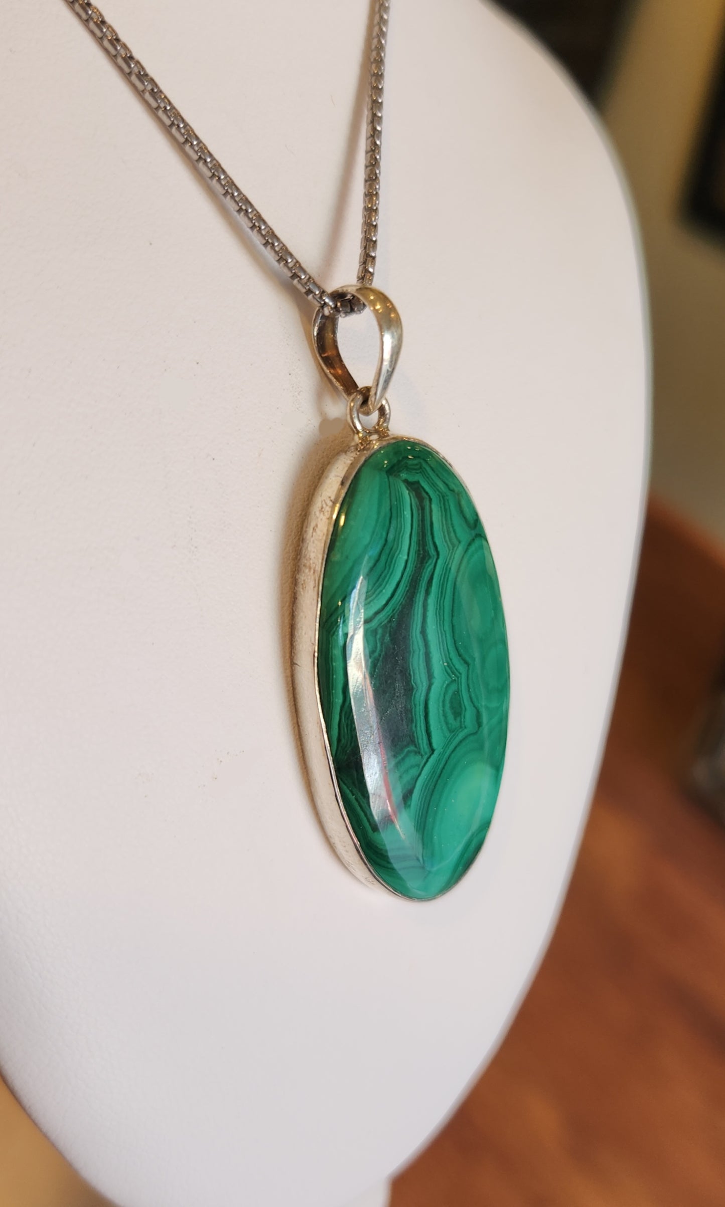 Sterling silver oval malachite statement pendant