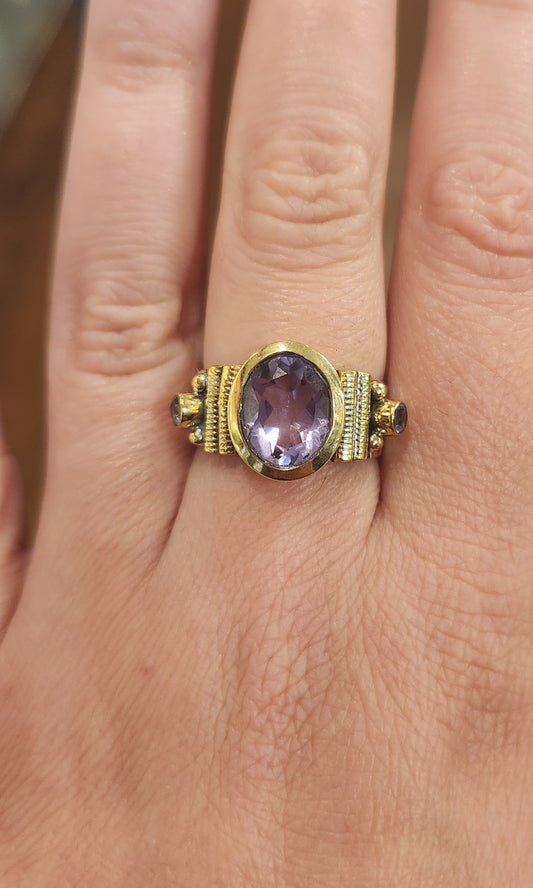 Sterling silver two-toned amethyst ring with brass