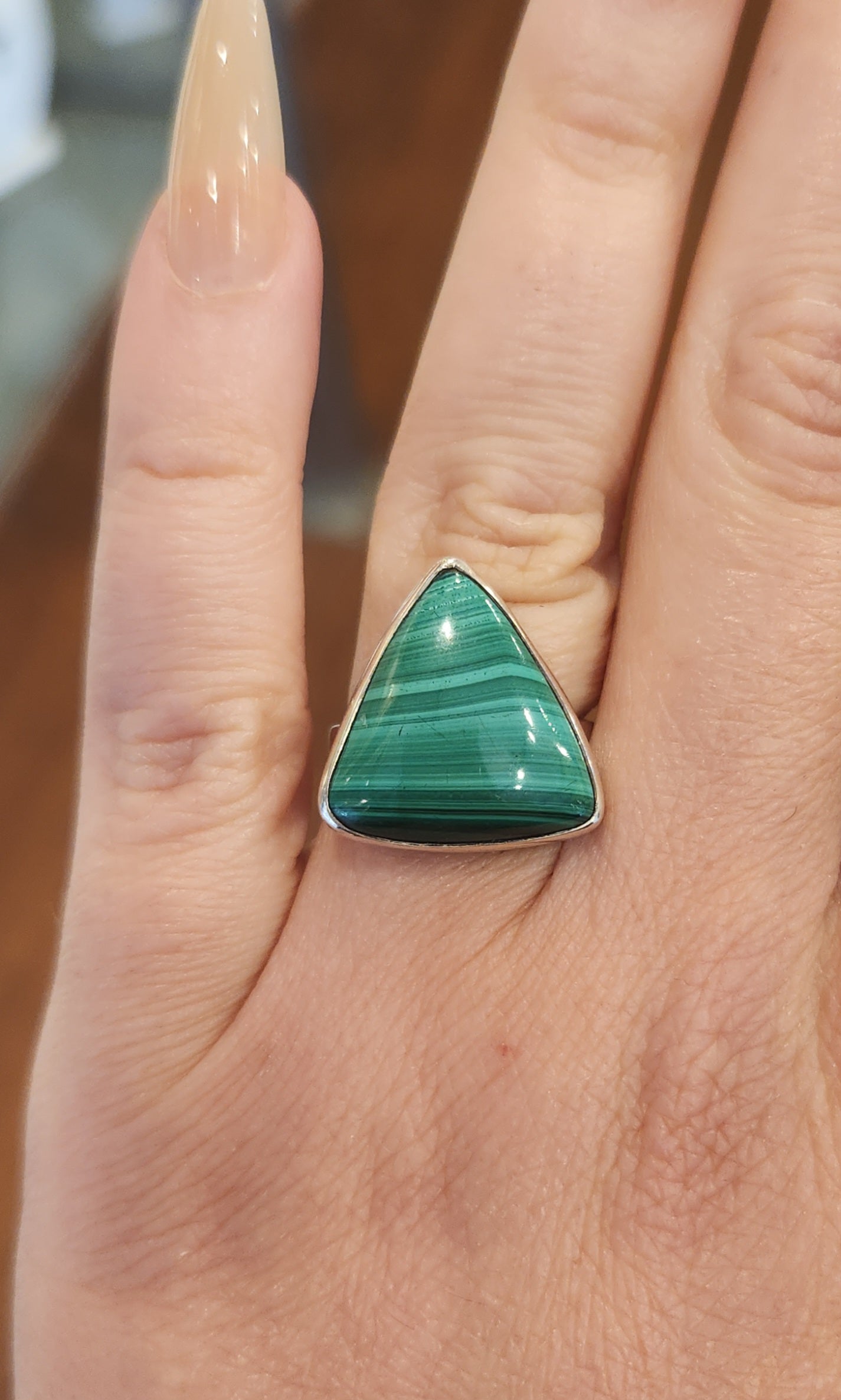 Sterling silver triangle-shaped malachite ring