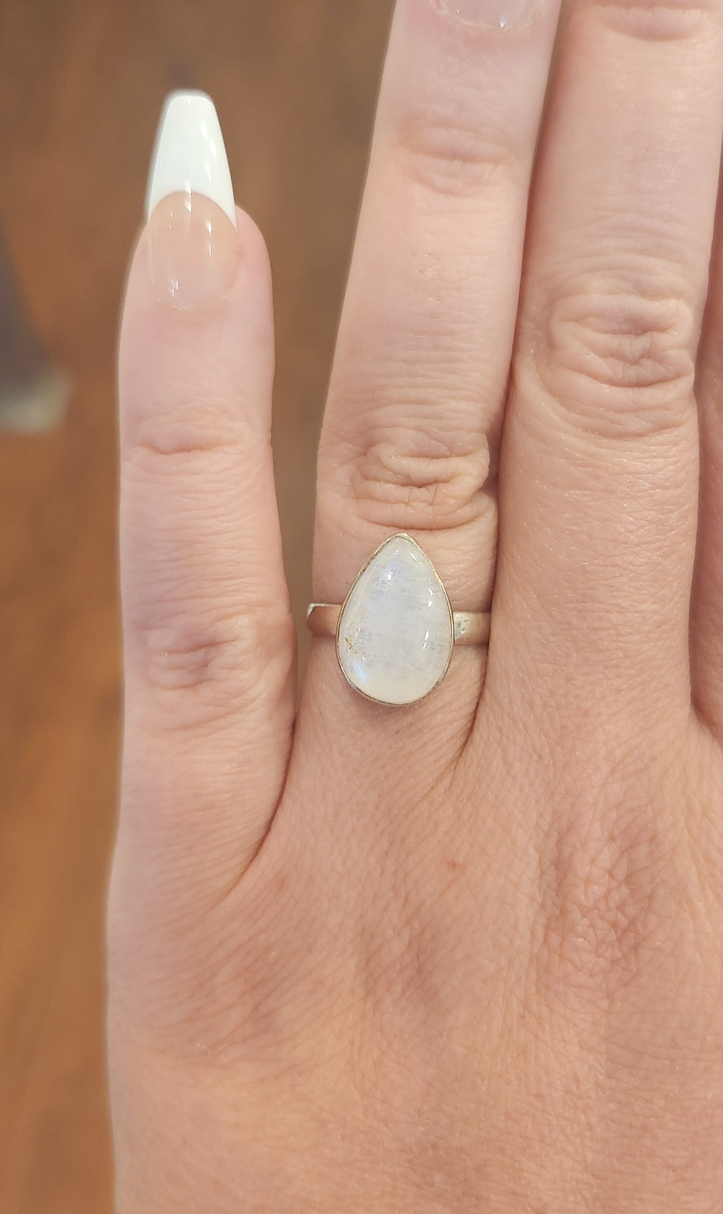 Sterling silver pear-shaped rainbow moonstone ring