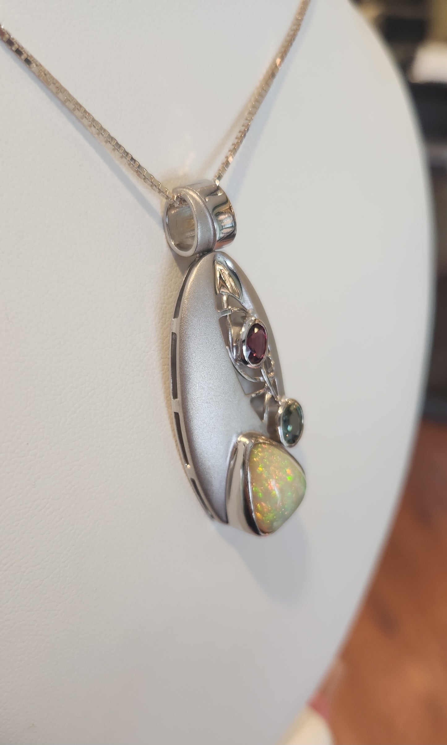 Sterling silver Ethiopian opal statement pendant with tourmaline