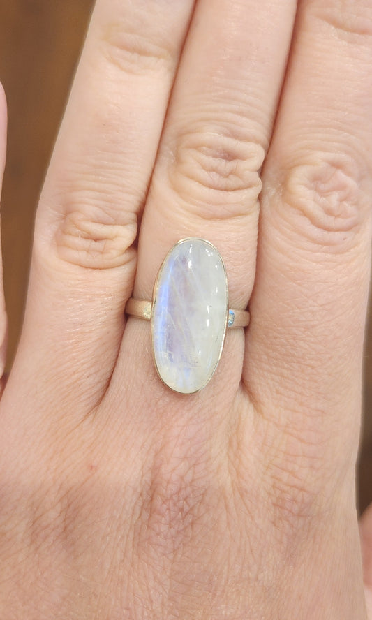 Sterling silver oval rainbow moonstone ring