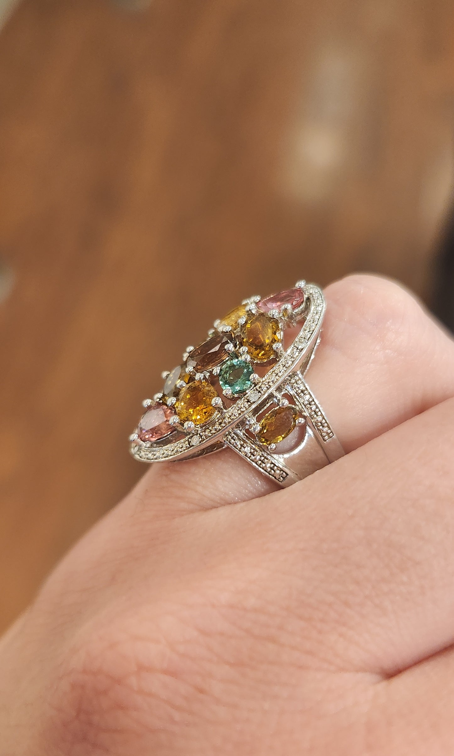 Sterling silver oval multi-colored tourmaline ring