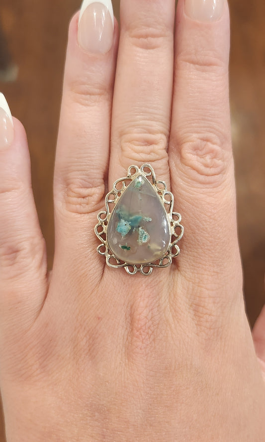 Sterling silver ring with chrysocolla in chalcedony (gem silica)