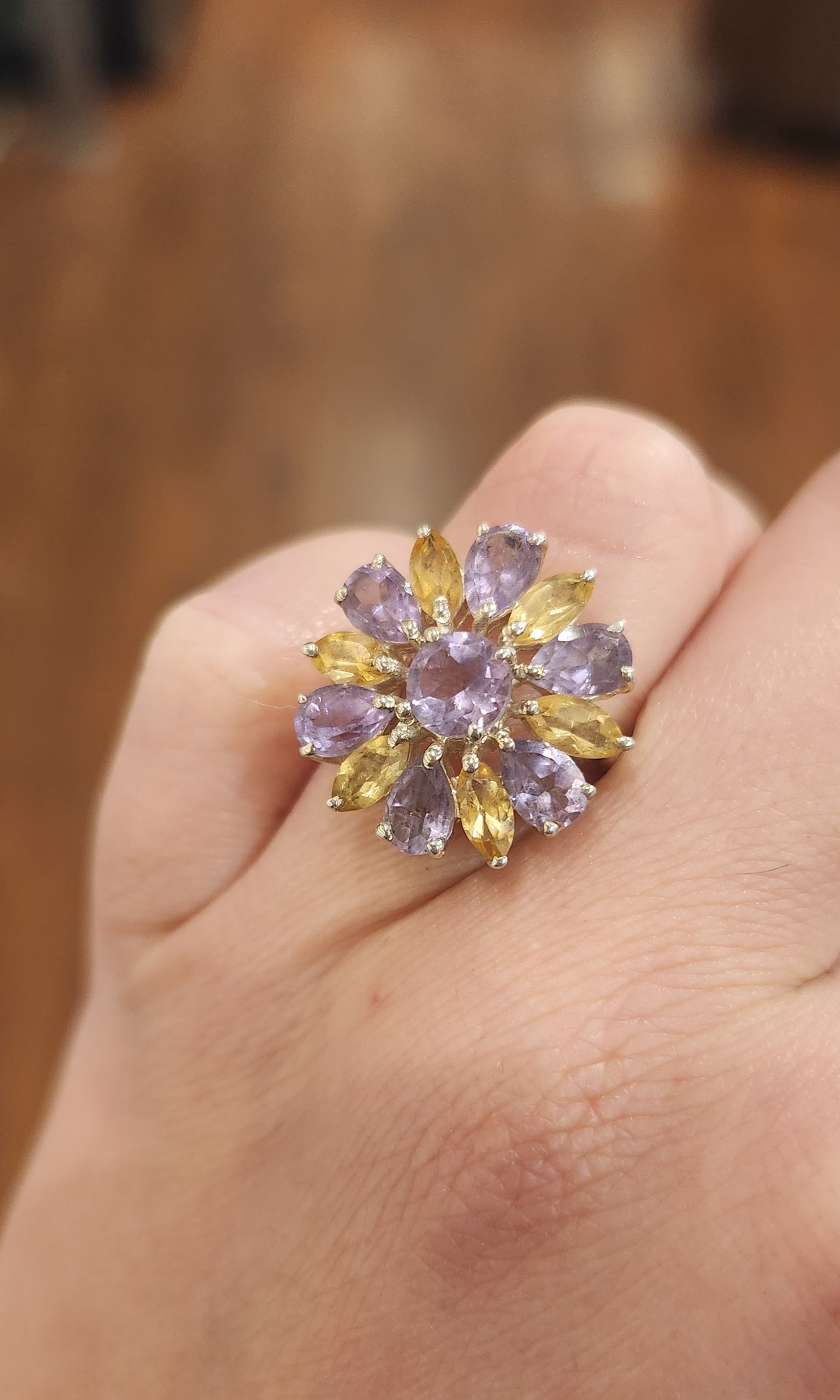 Sterling silver amethyst and citrine flower ring