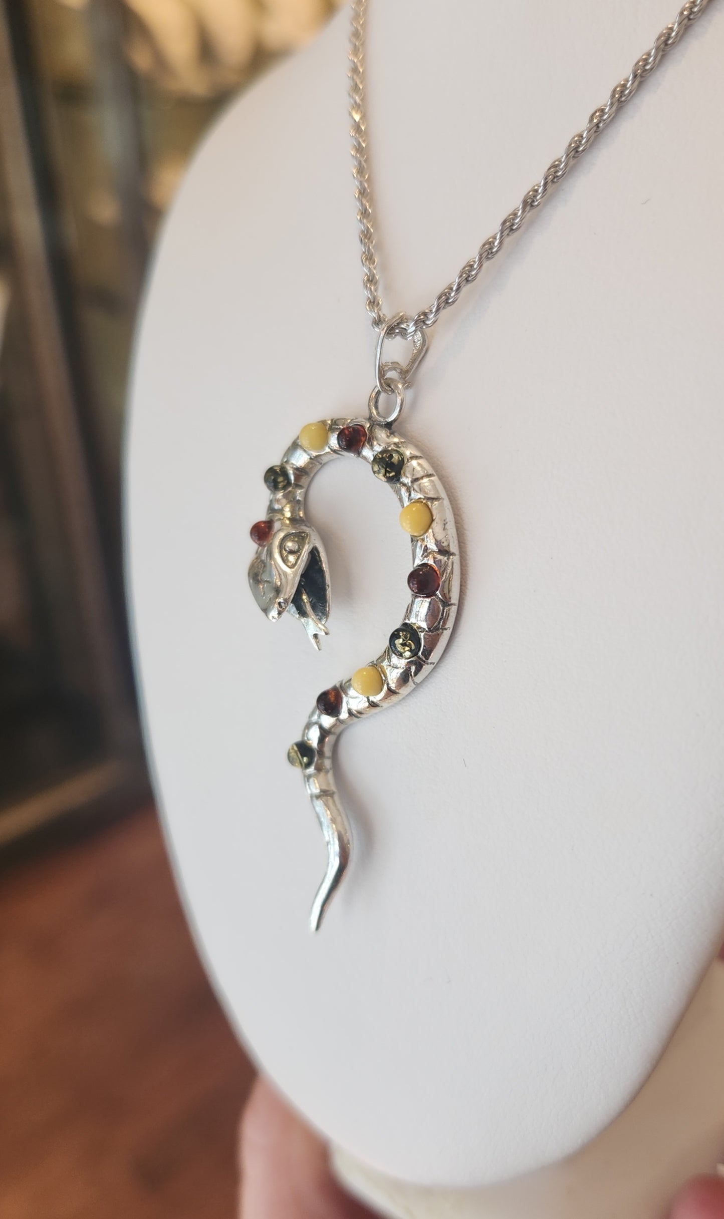 Sterling silver amber snake pendant