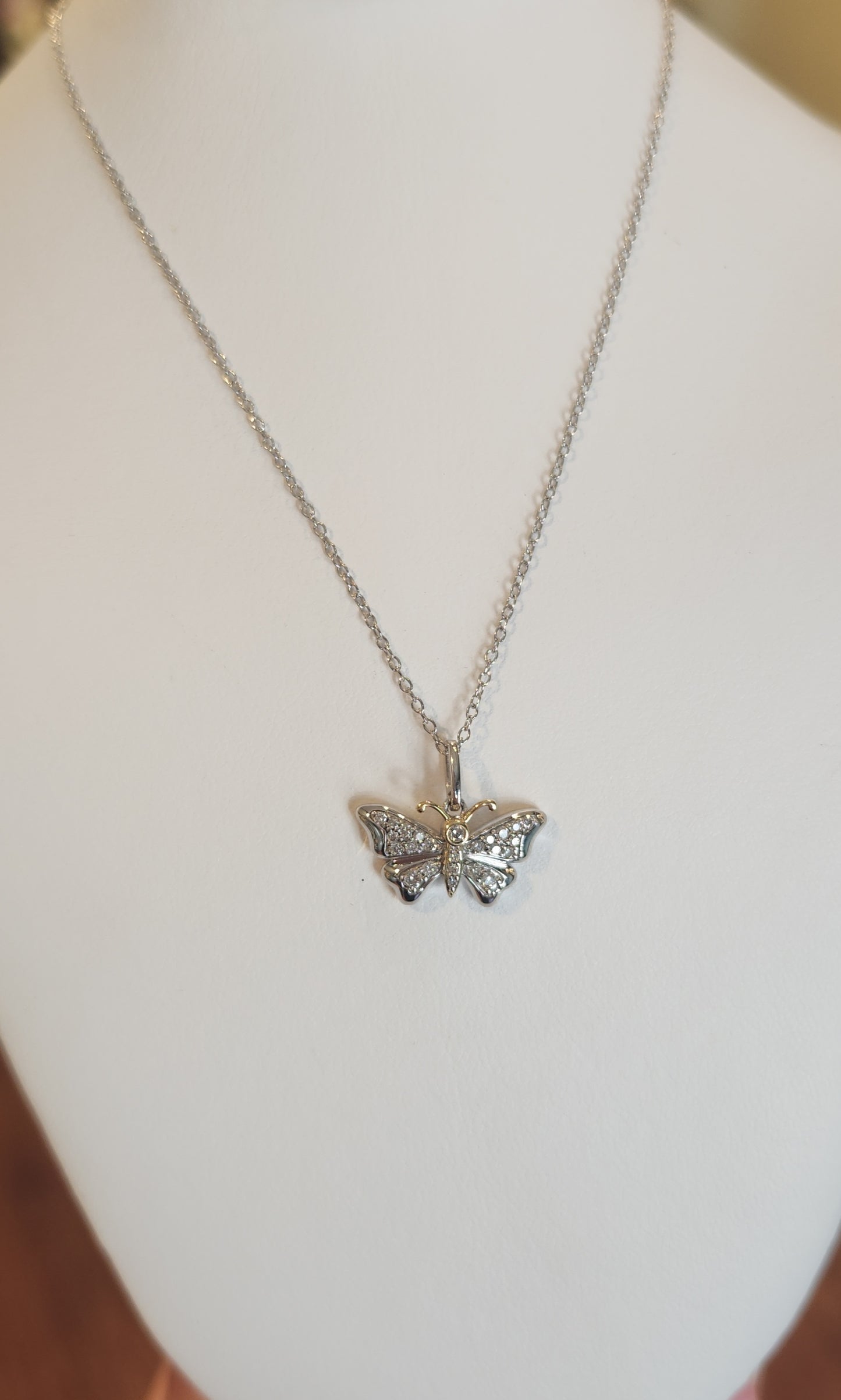 Sterling silver diamond and 14k gold butterfly pendant