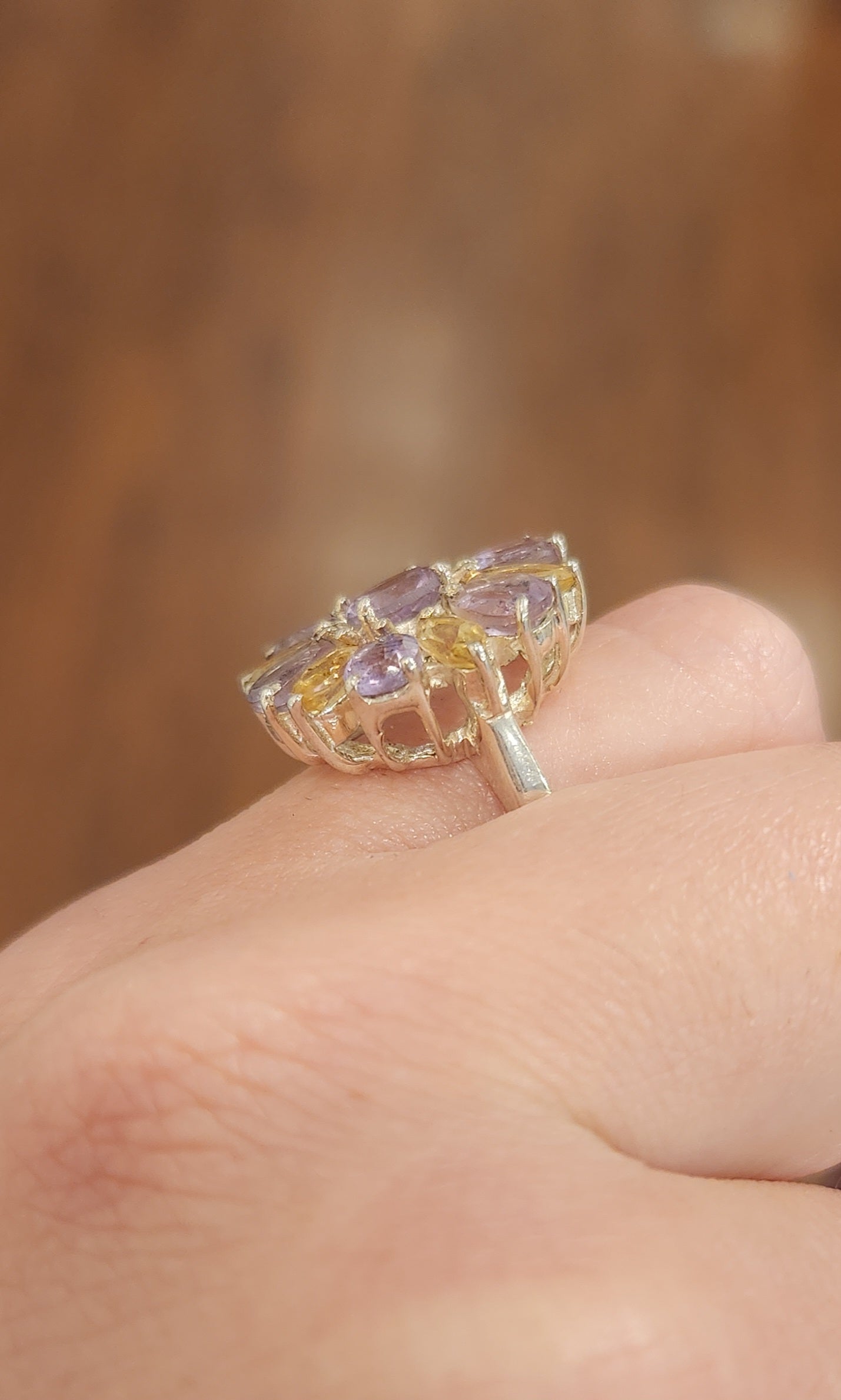 Sterling silver amethyst and citrine flower ring