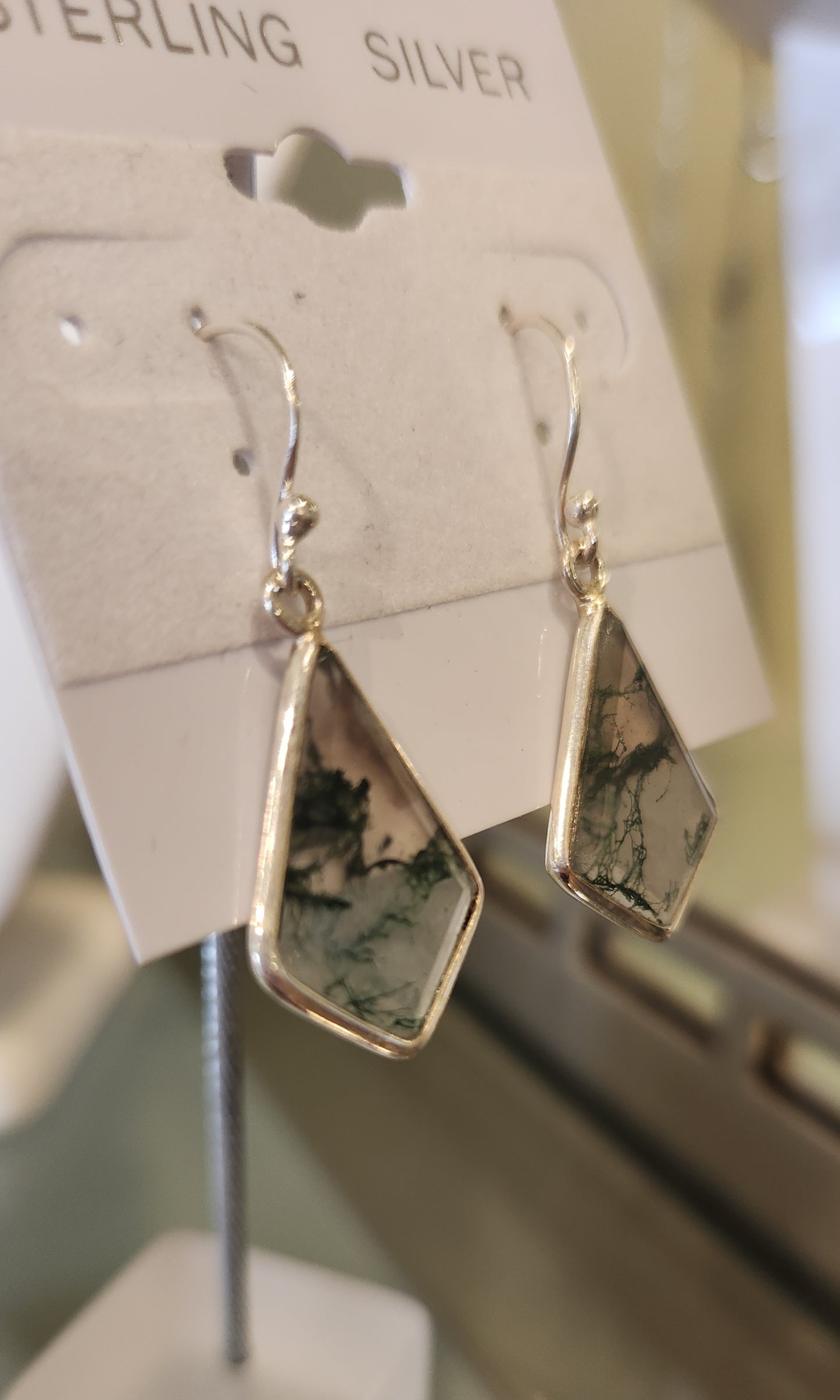 Sterling silver kite-shaped moss agate dangle earrings