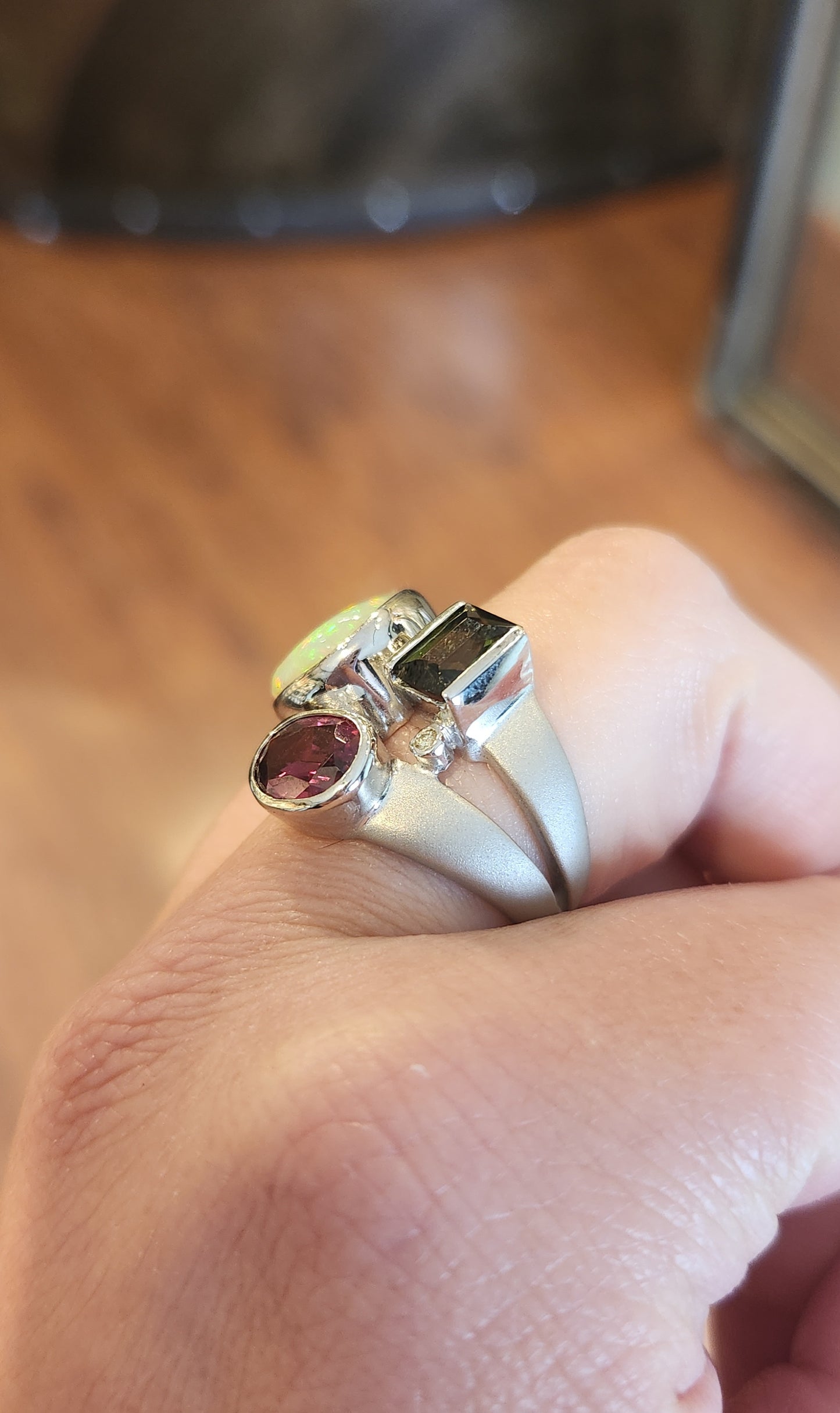 Sterling silver opal tourmaline statement ring