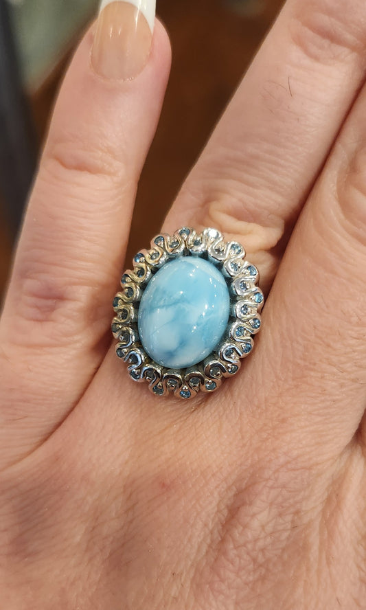 Sterling silver larimar ring with blue topaz