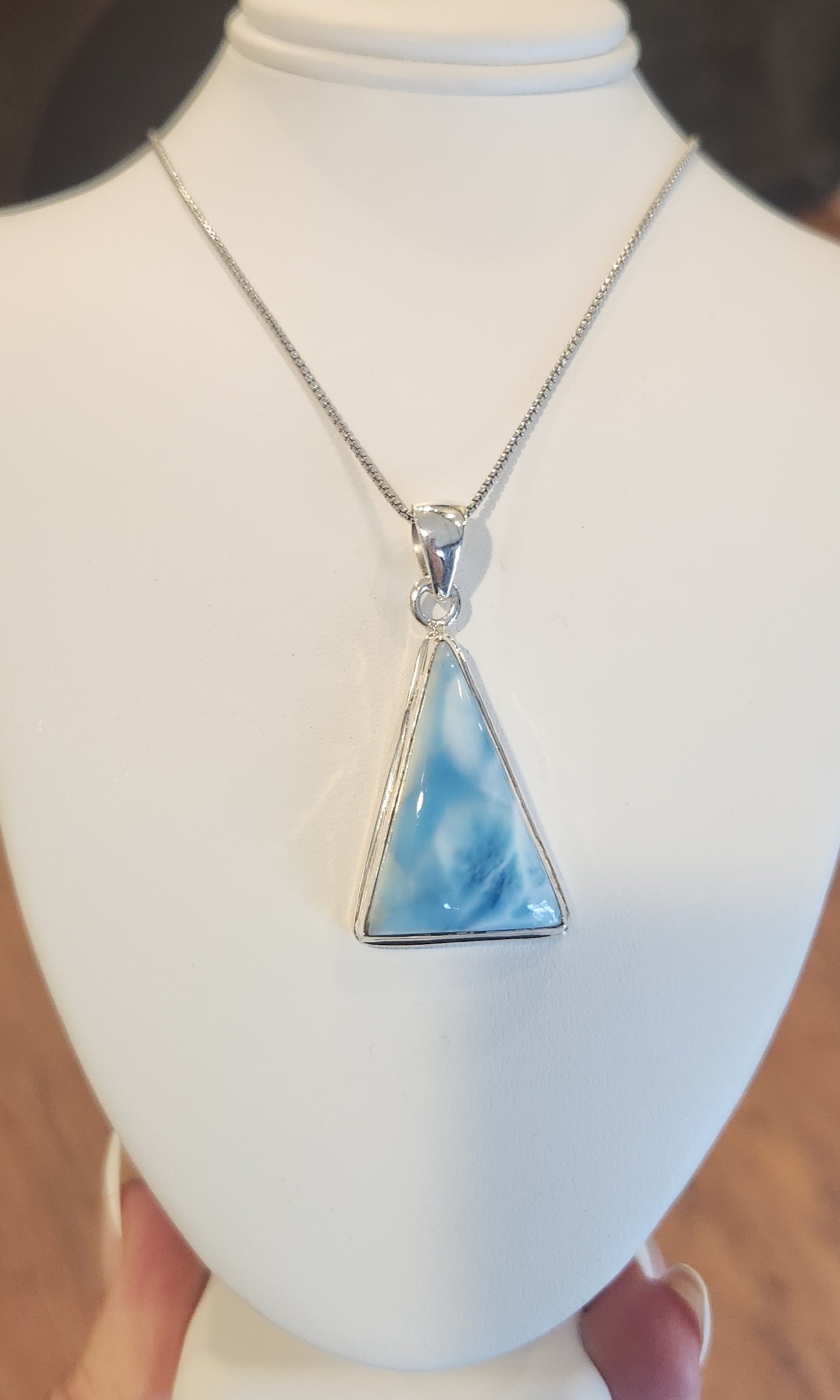 Sterling silver triangle-shaped larimar pendant