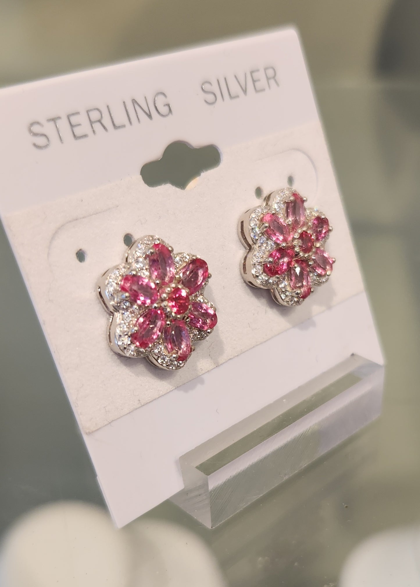 Sterling silver pink topaz flower earring studs