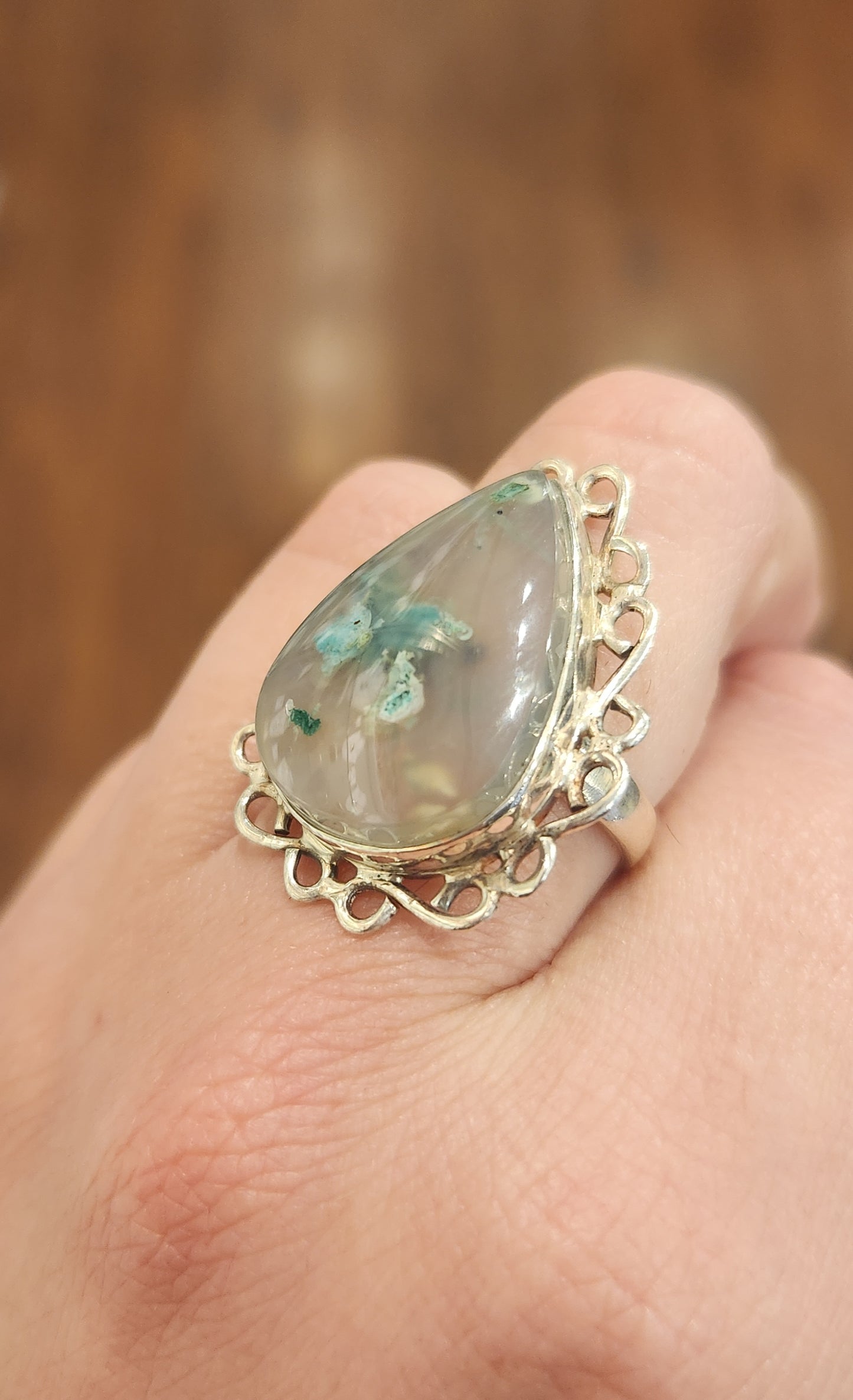 Sterling silver ring with chrysocolla in chalcedony (gem silica)