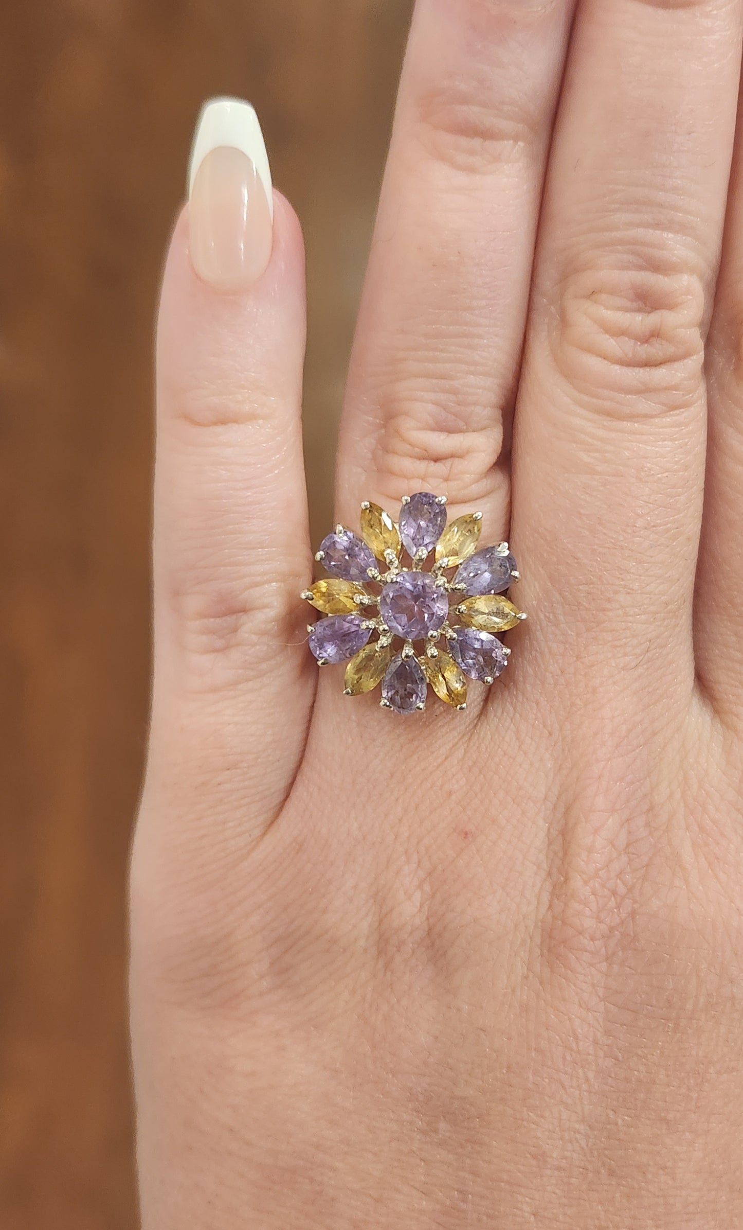 Sterling silver amethyst and citrine flower ring