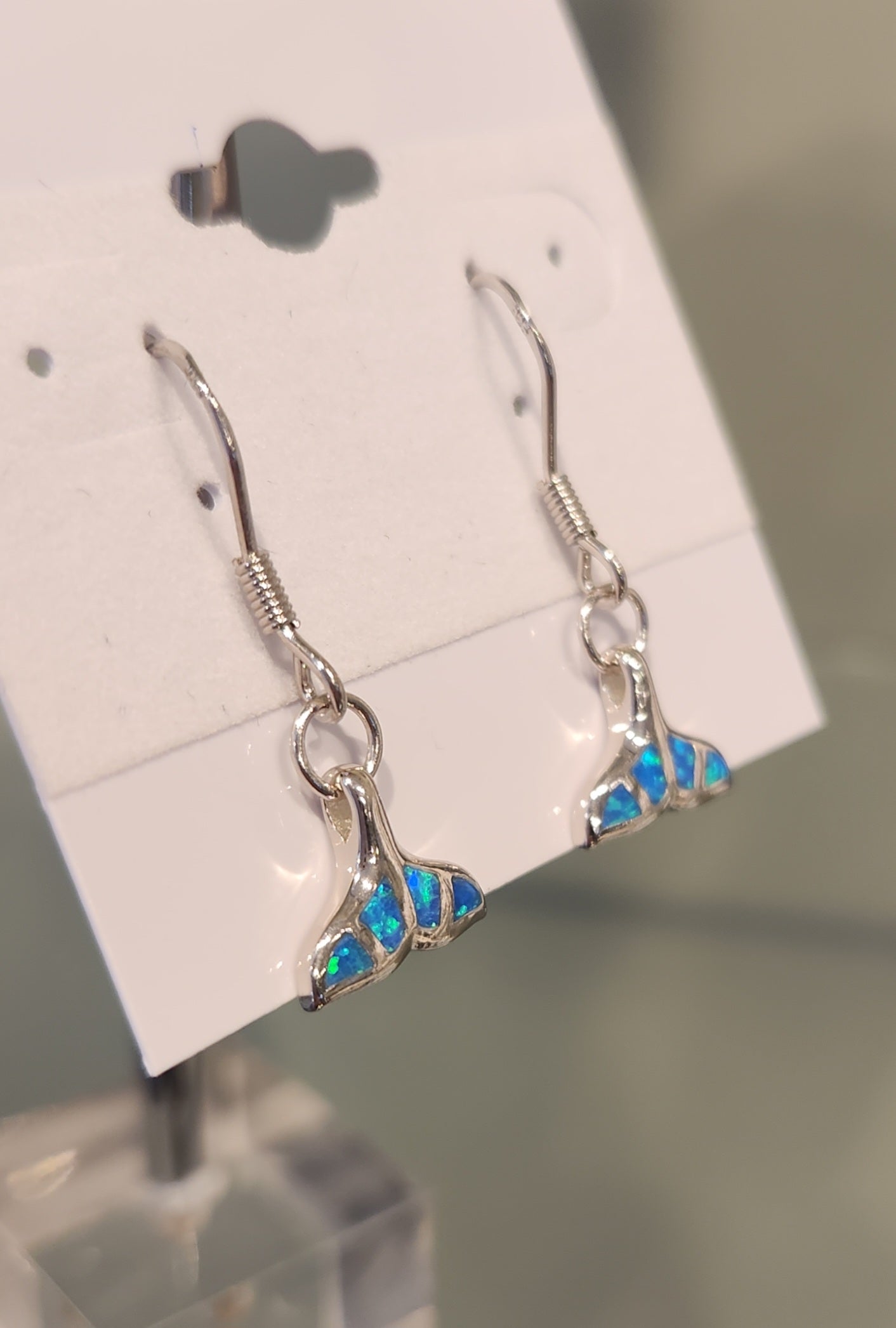 Sterling silver kyocera opal whale tail earrings