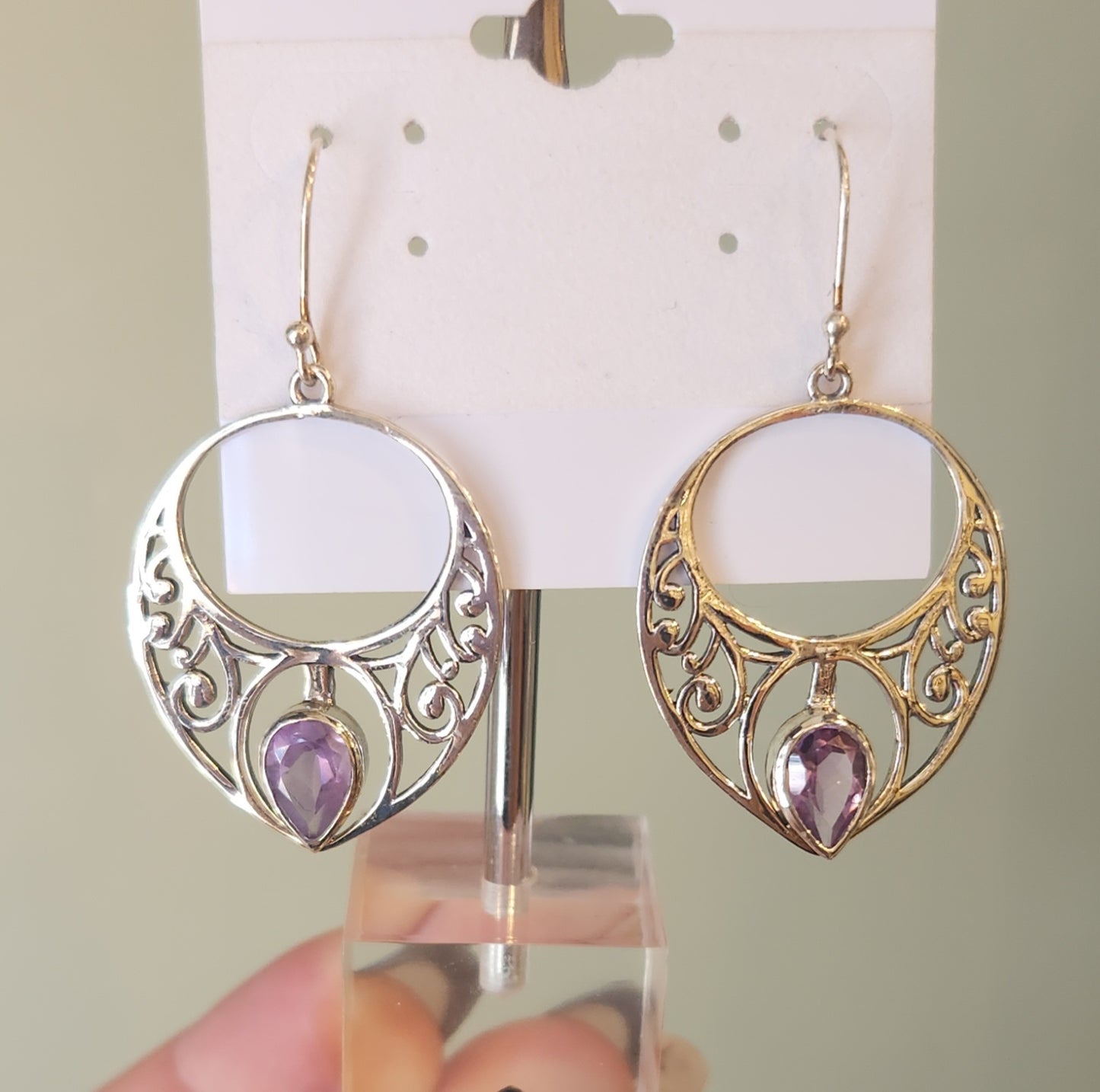 Sterling silver pear-shaped amethyst filigree earrings