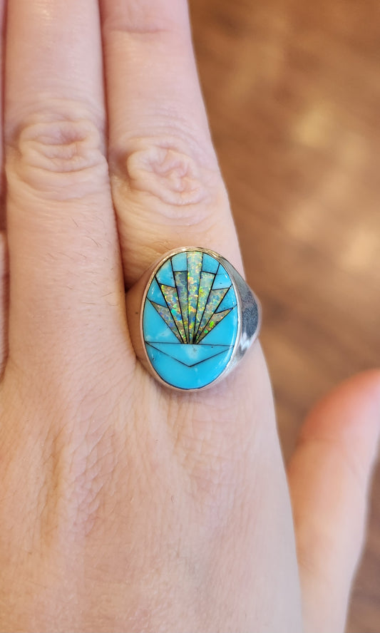 Sterling silver turquoise sunburst opal inlay ring