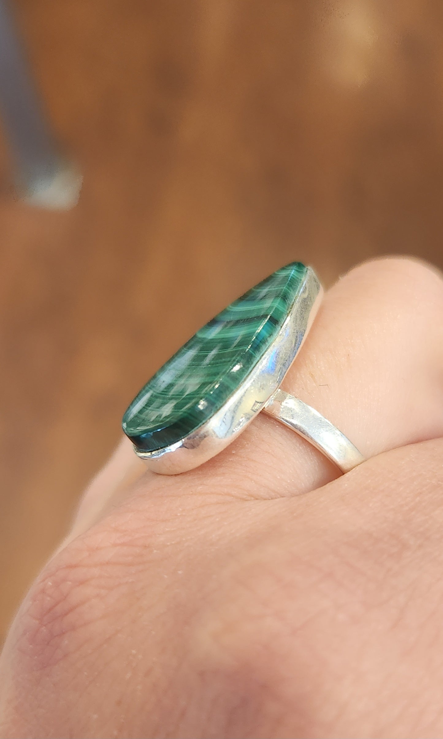 Sterling silver pear-shaped malachite ring