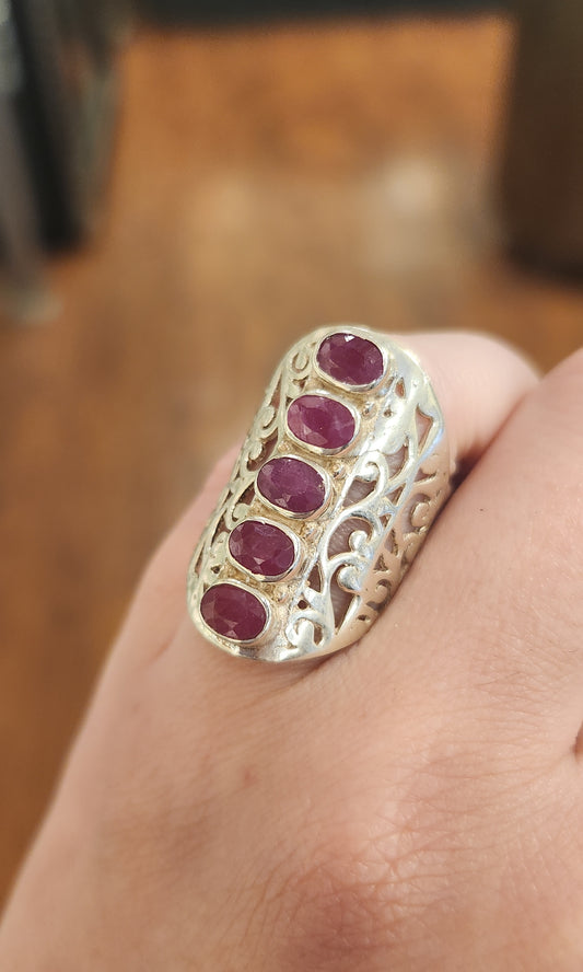 Sterling silver multi-stone ruby filigree ring