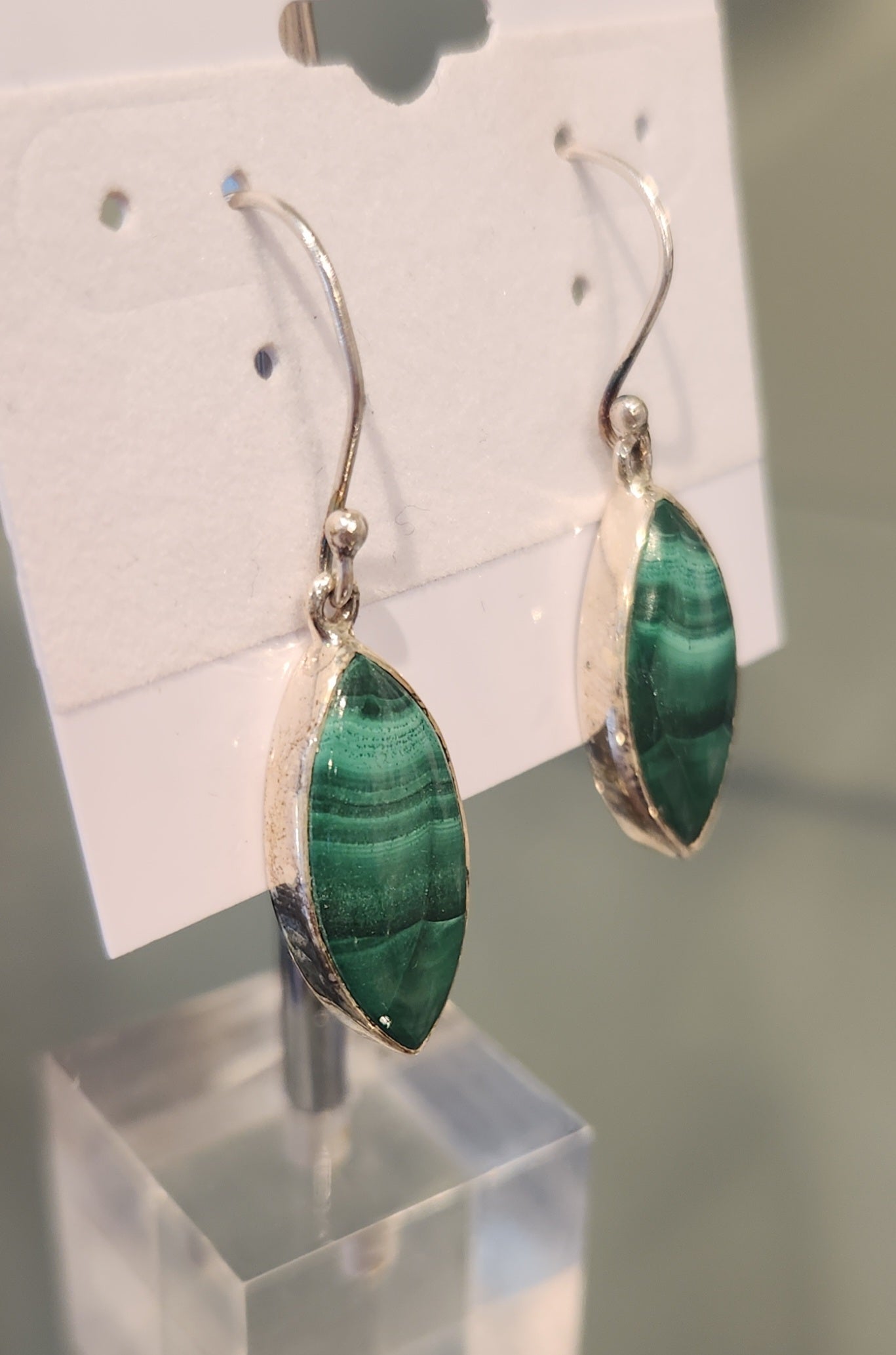 Sterling silver marquis-shaped malachite earrings